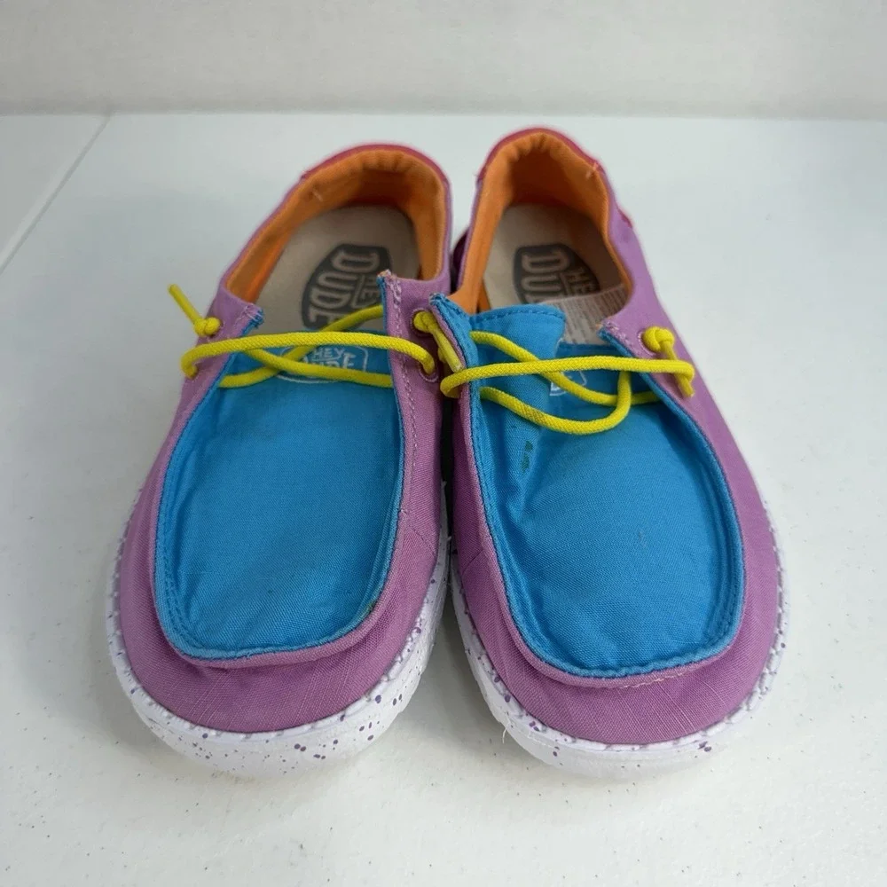 Hey Dude 1 Y1 Wendy Youth Slub Canvas Color Block Slip On Shoes Loafers Colorful
